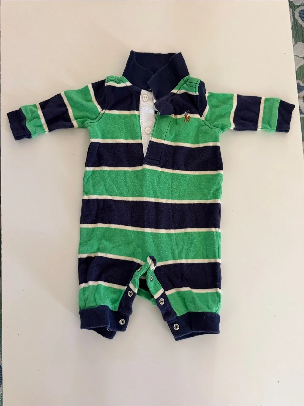Ralph Lauren Green and Navy Striped Polo Footie